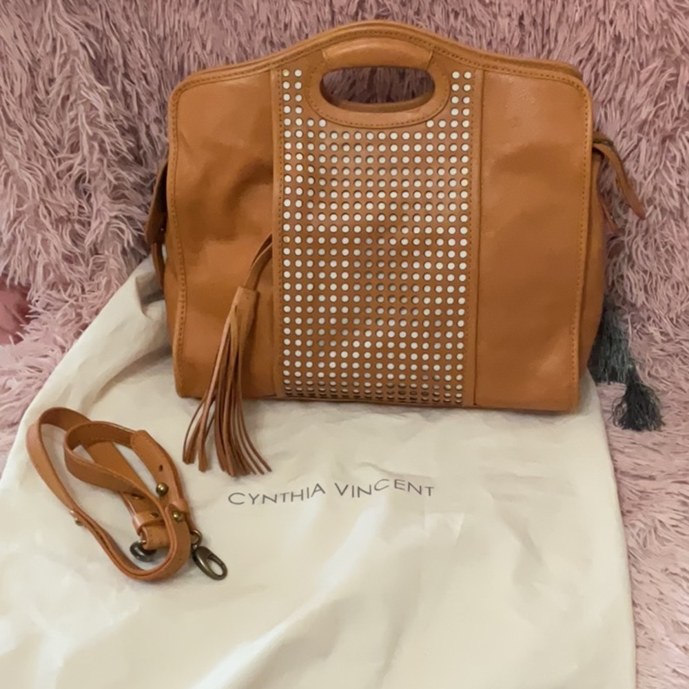 Cynthia Vincent Tan Studded Leather Satchel